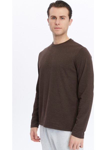 Erkek Bisiklet Yaka Uzun Kollu Regular Fit Basic Tişört Kahve modelleri