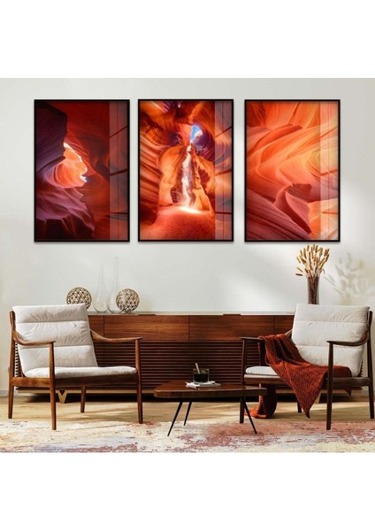 Soyut Desen 3'lü Metal Çerçeveli Cam Tablo Seti