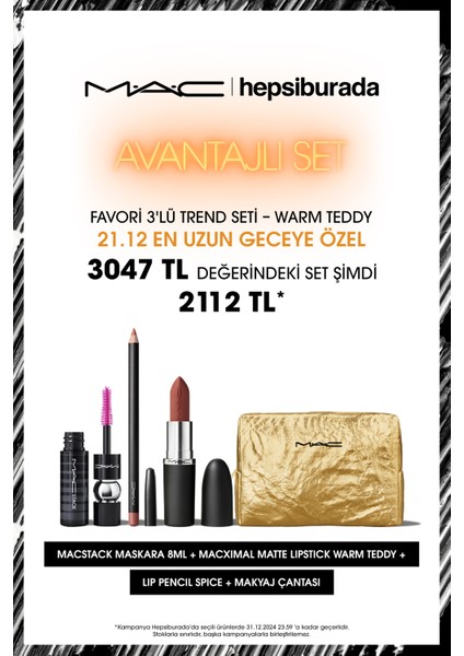 Favori 3'lü Trend Seti-Warm Teddy:macstack Maskara 8ml+Macximal Mat Ruj Warm Teddy+Lip Pencil Spice