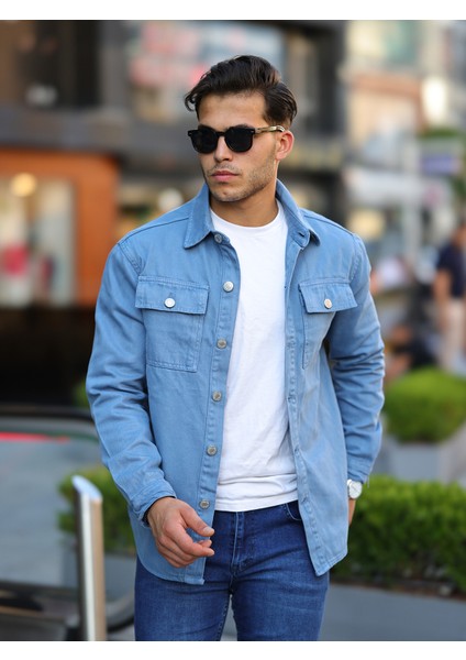 Erkek Oversize Geniş Kesim Denim Çift Cep Ceket Gömlek