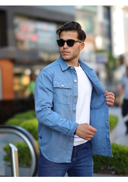 Erkek Oversize Geniş Kesim Denim Çift Cep Ceket Gömlek