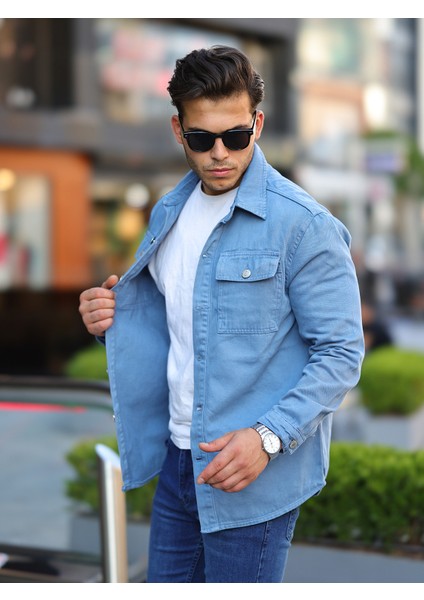 Erkek Oversize Geniş Kesim Denim Çift Cep Ceket Gömlek