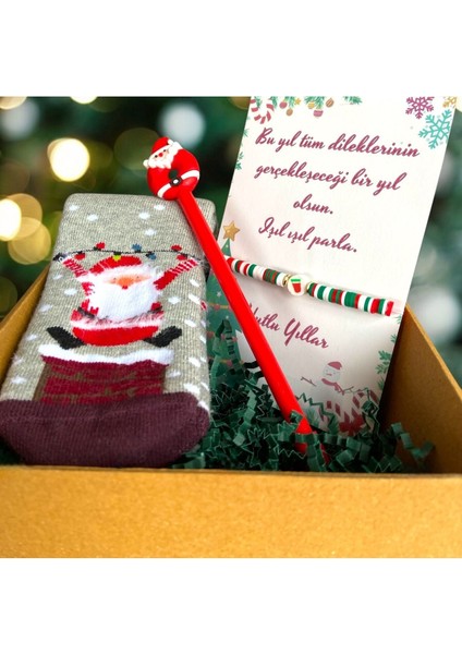 Tekno Trust Yılbaşı Hediye Kutusu Noel Temalı Çocuk Çorap - Tükenmez Kalem - Şans Bilekliği