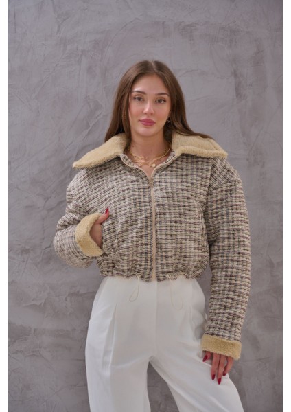 Kadın Yakası Kürklü Vintage Kısa Mont