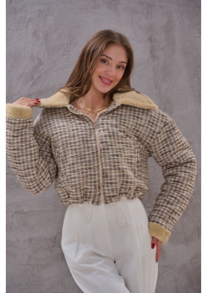 Kadın Yakası Kürklü Vintage Kısa Mont