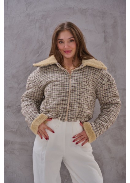 Kadın Yakası Kürklü Vintage Kısa Mont