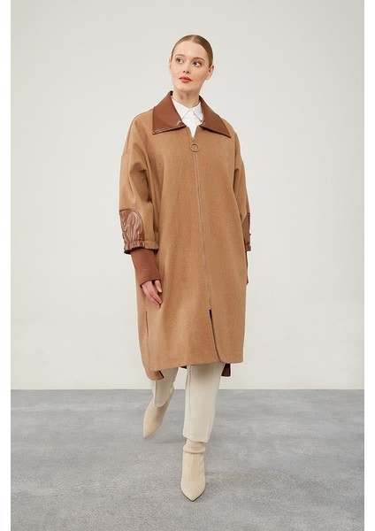 Kahve Fermuar Detaylı Suni Deri Kaban