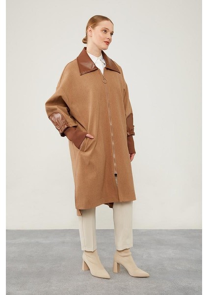 Kahve Fermuar Detaylı Suni Deri Kaban modelleri