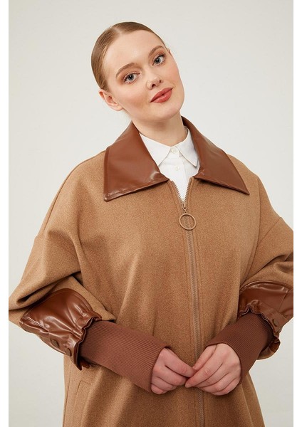 Kahve Fermuar Detaylı Suni Deri Kaban fırsatları