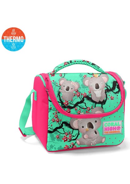 Su Yeşili Neon Mercan Koala Desenli Üç Bölmeli Kalem Çantası ve Thermo Beslenme Çantası modelleri