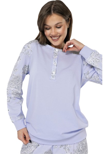 Lila Şal Desenli - Düğme Patlı Yaka - Uzun Kollu - Kadın Pijama Takımı