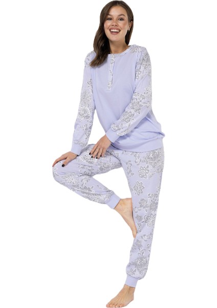 Lila Şal Desenli - Düğme Patlı Yaka - Uzun Kollu - Kadın Pijama Takımı modelleri