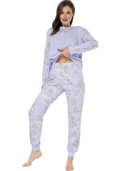 Lila Şal Desenli - Düğme Patlı Yaka - Uzun Kollu - Kadın Pijama Takımı fırsatları