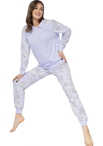 Lila Şal Desenli - Düğme Patlı Yaka - Uzun Kollu - Kadın Pijama Takımı indirimleri