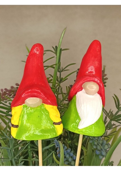 Bay ve Burnuk Şans Cücesi - 2'li Gnome Burnuk Cüce - Yılbaşı Süsü - Saksı Süsü - Süslü Kürdan