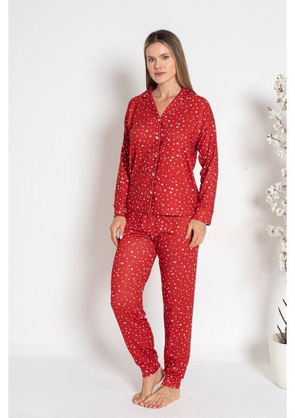 Kadın Termal Önü Düğmeli Pijama Takımı 24492 Kırmızı