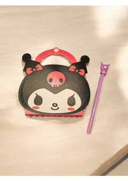 Kuromi Çıt Çıtlı Çantalı Defter Kalem- Pembe Fosforlu Kuromili Not Defteri