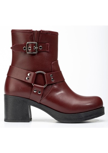 5109-3042 Bordo Toka Aksesuarlı Fermuarlı Kalın Topuklu Günlük Kadın Bot indirimleri