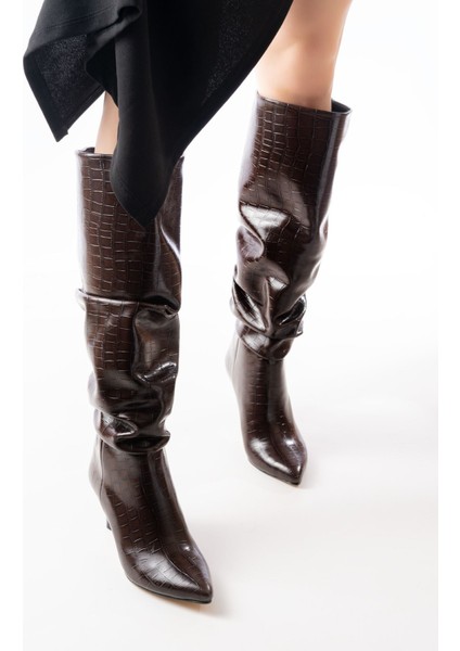 İnfon Kadın Günlük Kullanım İçin Kahverengi Kroko İnce Topuklu Çizme 7 cm fırsatları