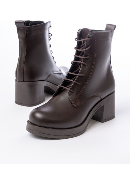 5109-3025 Kahverengi Bağcıklı Fermuarlı Kalın Topuklu Günlük Kadın Bot fırsatları