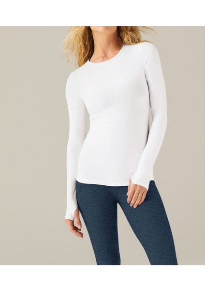 Beyaz Darkalıp Slimfit Soft Touch Crew Neck Finger Detail Parmak Detaylı Tesettür Body