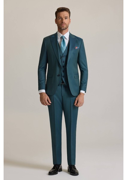 Erkek Yeşil Slim Fit Sivri Yaka Yelekli %100 Yün Takım Elbise