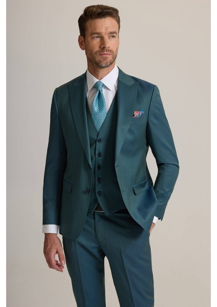 Erkek Yeşil Slim Fit Sivri Yaka Yelekli %100 Yün Takım Elbise
