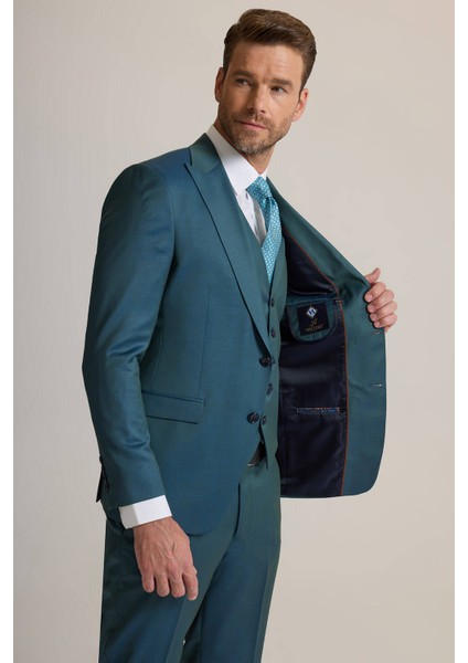 Erkek Yeşil Slim Fit Sivri Yaka Yelekli %100 Yün Takım Elbise