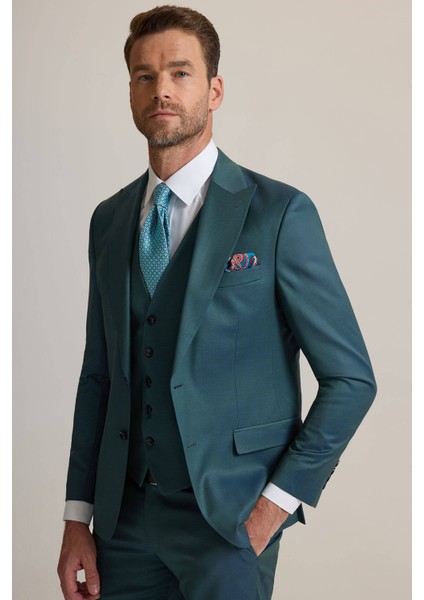Erkek Yeşil Slim Fit Sivri Yaka Yelekli %100 Yün Takım Elbise