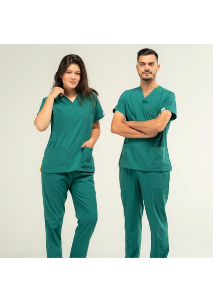 Ektra Likralı Unisex Medikal Yeşil Alt Üst Takım Doktor Hemşire Uniforma Scrubs