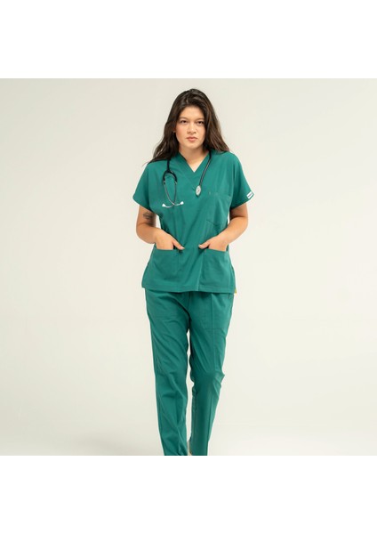 Ektra Likralı Unisex Medikal Yeşil Alt Üst Takım Doktor Hemşire Uniforma Scrubs fırsatları