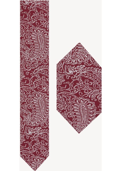 Erkek Bordo Beyaz Karışık Desenli Kravat Mendil Set