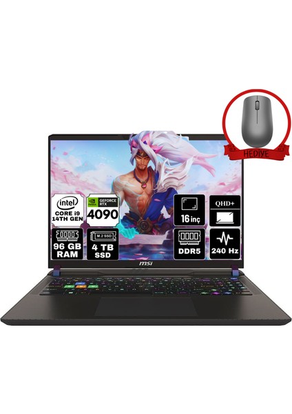 Msı Vector 16 Hx Intel Core I9 14900HX 96GB 4tb SSD RTX4090/16GB W11H 16" Qhd+ 240Hz Taşınabilir Bilgisayar A14VIG-825XTR-A36 & Anzar Mouse