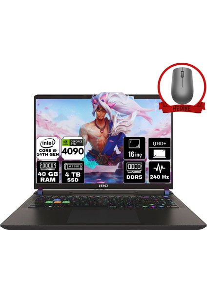 Msı Vector 16 Hx Intel Core I9 14900HX 40GB 4tb SSD RTX4090/16GB W11P 16" Qhd+ 240Hz Taşınabilir Bilgisayar A14VIG-825XTR-A42 & Anzar Mouse