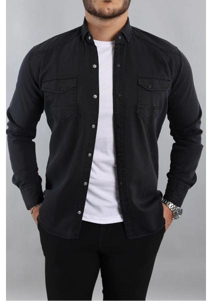 Erkek Slim Fit Çift Cepli Kot Gömlek