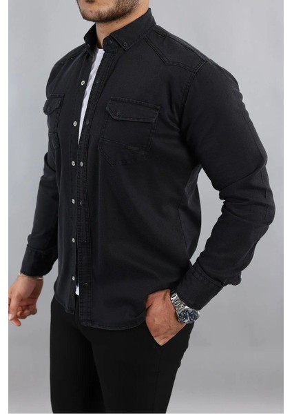 Erkek Slim Fit Çift Cepli Kot Gömlek