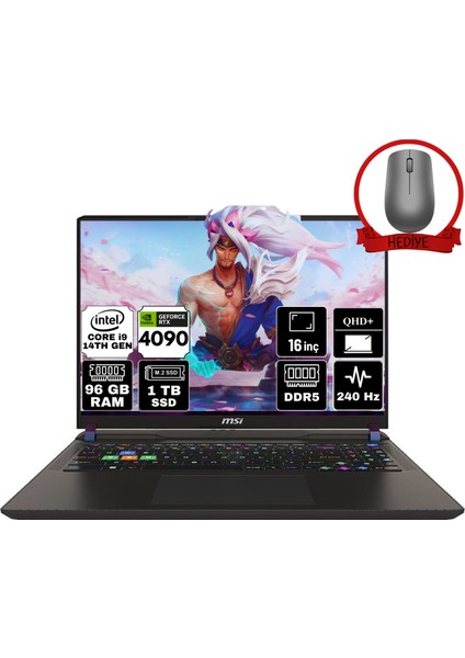 Msı Vector 16 Hx Intel Core I9 14900HX 96GB 1tb SSD RTX4090/16GB W11P 16" Qhd+ 240Hz Taşınabilir Bilgisayar A14VIG-825XTR-A52 & Anzar Mouse