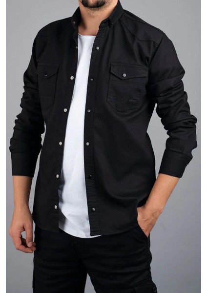 Erkek Slim Fit Çift Cepli Kot Gömlek