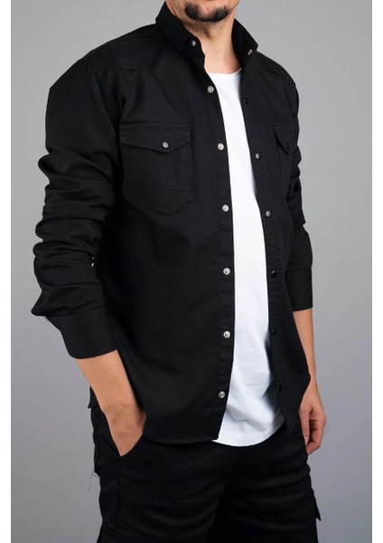 Erkek Slim Fit Çift Cepli Kot Gömlek
