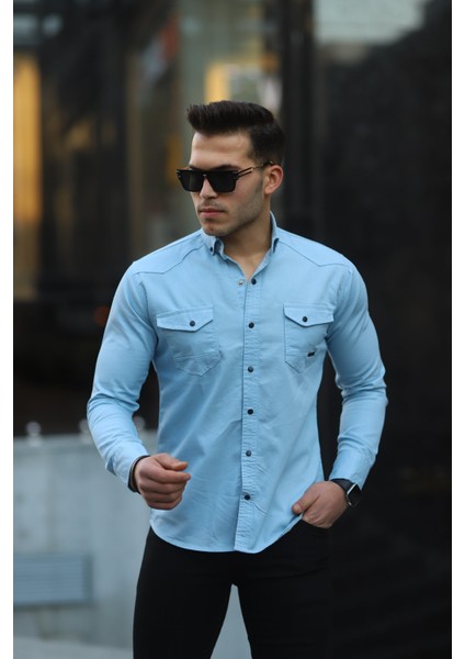 Erkek Slim Fit Çift Cepli Kot Gömlek