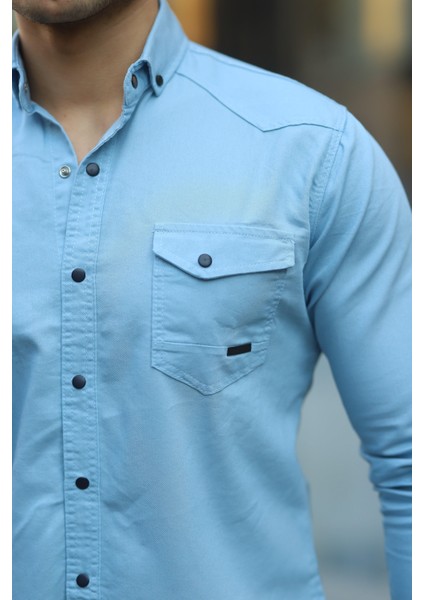 Erkek Slim Fit Çift Cepli Kot Gömlek