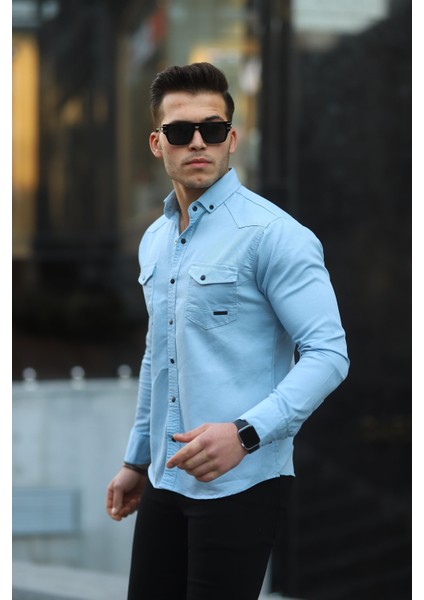 Erkek Slim Fit Çift Cepli Kot Gömlek