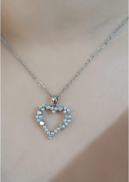 1.sınıf Çelik Silver Kararma Yapmaz Inci Taşlı Kalp Kolye