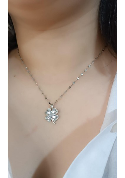 1.sınıf Çelik Silver Kararma Yapmaz Zirkon Detaylı Yonca Kolye