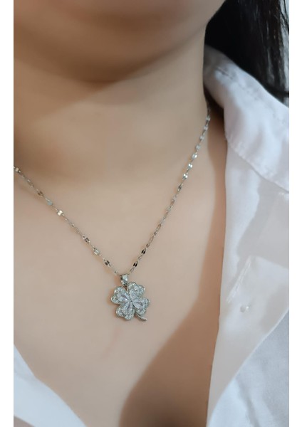 1.sınıf Çelik Silver Kararma Yapmaz Zirkon Detaylı Yonca Kolye fiyatları