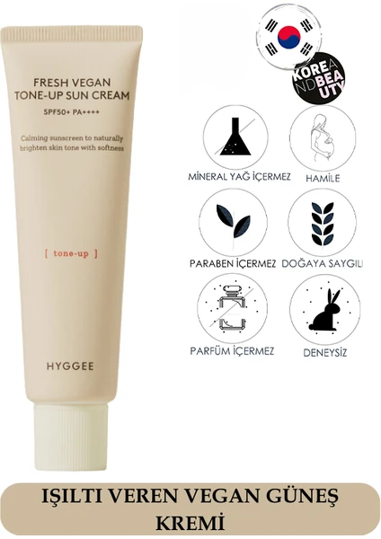 Hyggee Fresh Tone-Up Sun Cream 50 ml Cildi Aydınlatan Güneş Koruyucu, Ton Eşitleyen Güneş Kremi, Mineral Filtreli Güneş Kremi