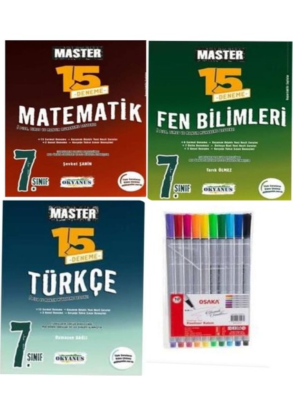 2025 7. Sınıf Master Türkçe - Matematik - Fen Bilimleri 15 Deneme 3 Kitap ve Fineliner Pen Kalem