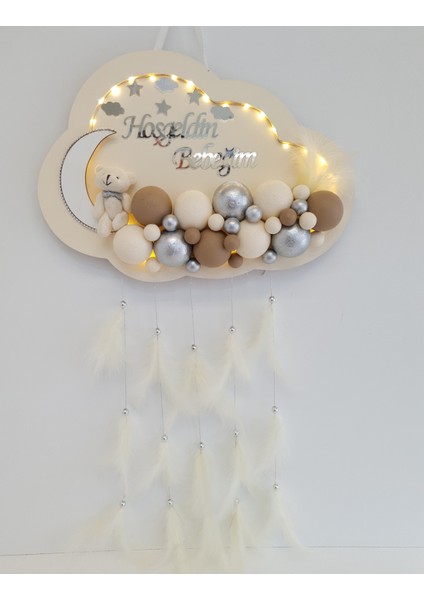 Bebek Kapı Süsü Ledli Bubble Ayıcıklı Ahşap Bulut Pano