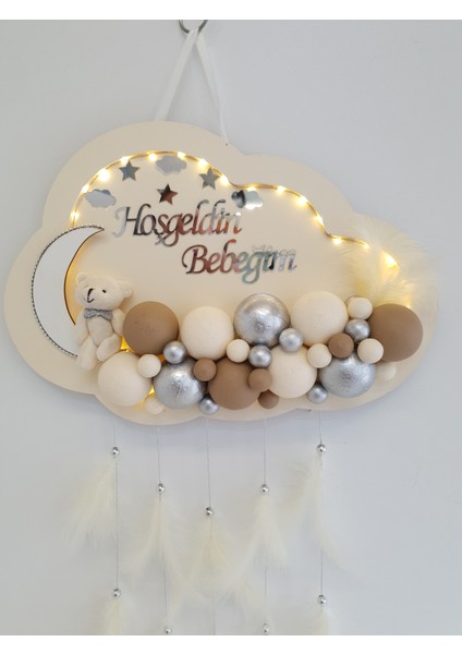 Bebek Kapı Süsü Ledli Bubble Ayıcıklı Ahşap Bulut Pano