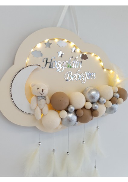 Bebek Kapı Süsü Ledli Bubble Ayıcıklı Ahşap Bulut Pano